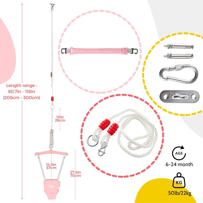 FUNLIO 2 in 1 Baby Jumper with a Ceiling Hook, Baby Walking Harness for 6-24 Months, Infant Jumper for Indoor/Outdoor Play, Infant Jumper Doorway with Adjustable Chain, Easy to Assemble & Store - Pink - Image 3